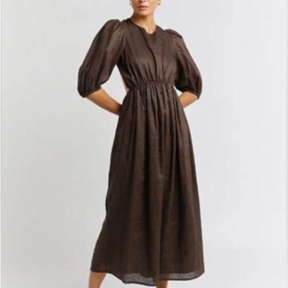 DISSH Claudia Linen Puff Sleeve Midi Dress Brown